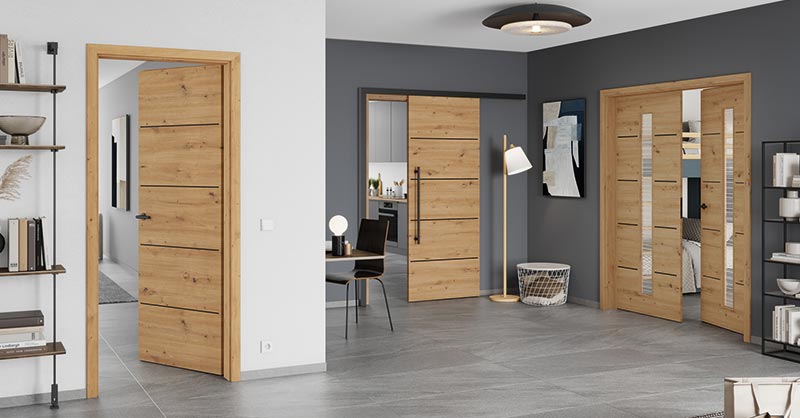 SÜHAC® ROYAL 551 | moderne Türen mit schwarzen Lisenen und Lichtausschnitt in CPL Touch Wildeiche