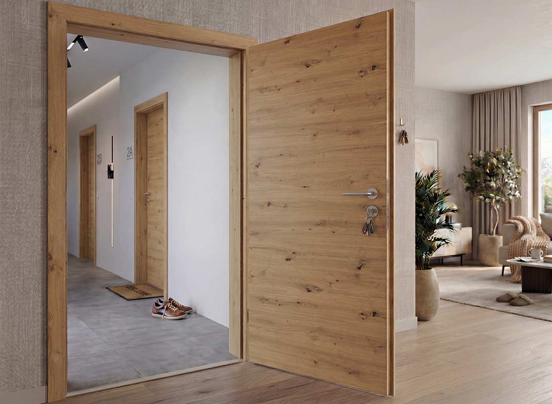magazin-wohnungseingangstueren_cpl touch wildeiche dq Magazinbeitrag Wohnungseingangstüren - Wohnung in Mehrfamilienhaus mit Türen CPL Touch Wildeiche DQ