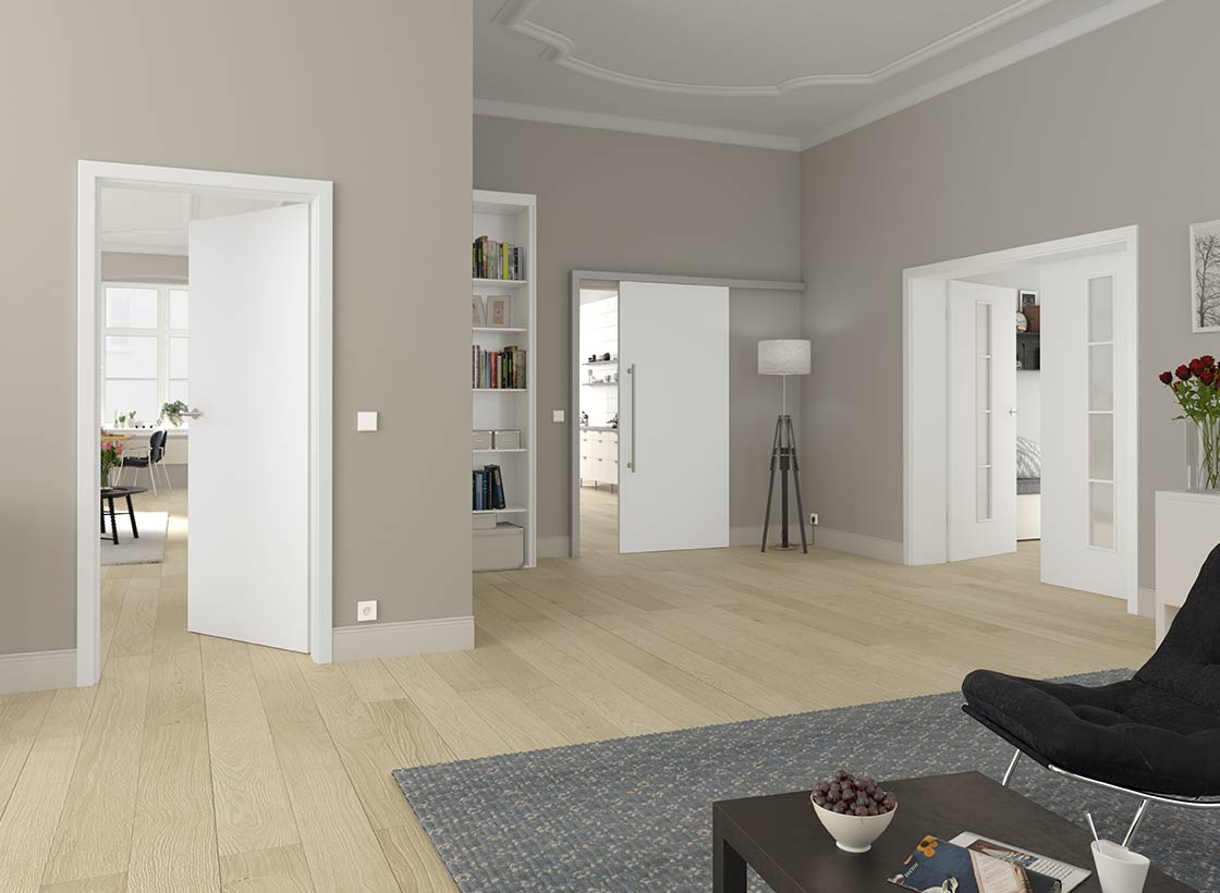 magazin_cpl_weisslack_9016 Drehtüren und Schiebetüren CPL Weisslack 9016 mit Verglasung Ligno und Schiebetürbeschlag Slim