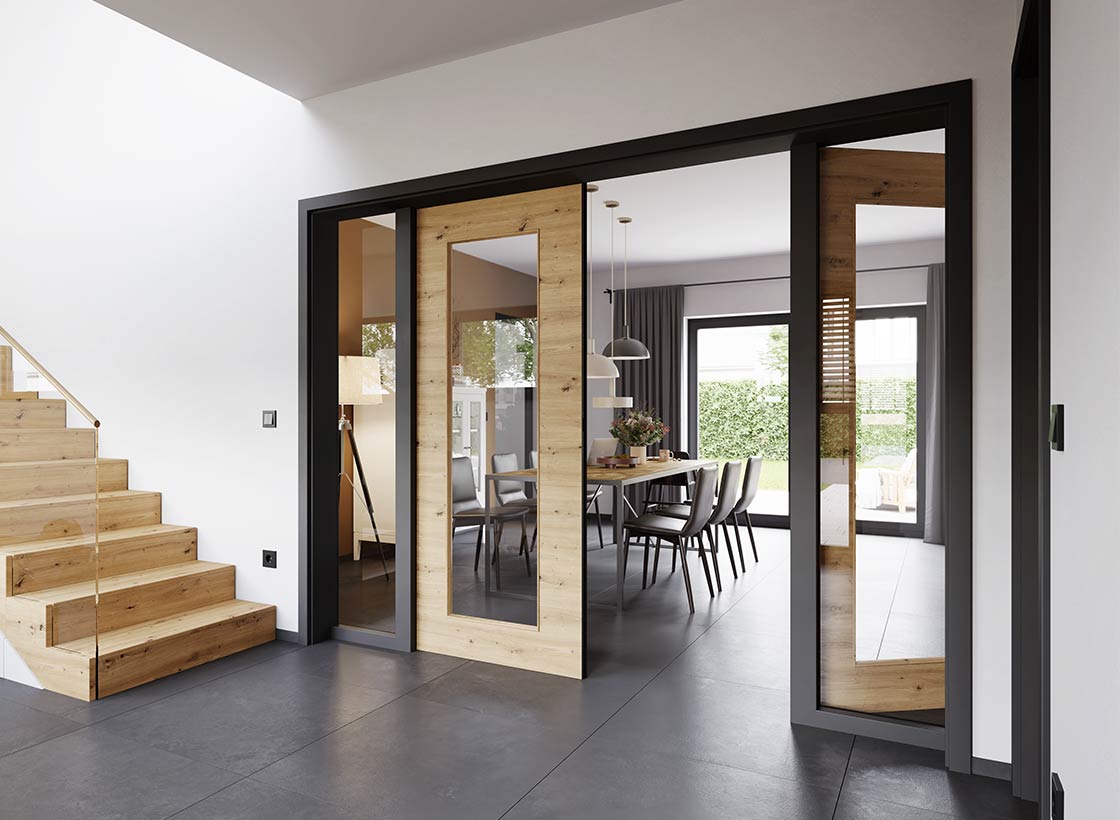 magazin_cpl_wildeiche Zweiflügelige Türe CPL Touch Wildeiche DQ mit Premiumkante Schwarz und Futter G-TEC® Schwarz matt 9005 mit zwei Seitenteilen mit Verglasung Float Klar