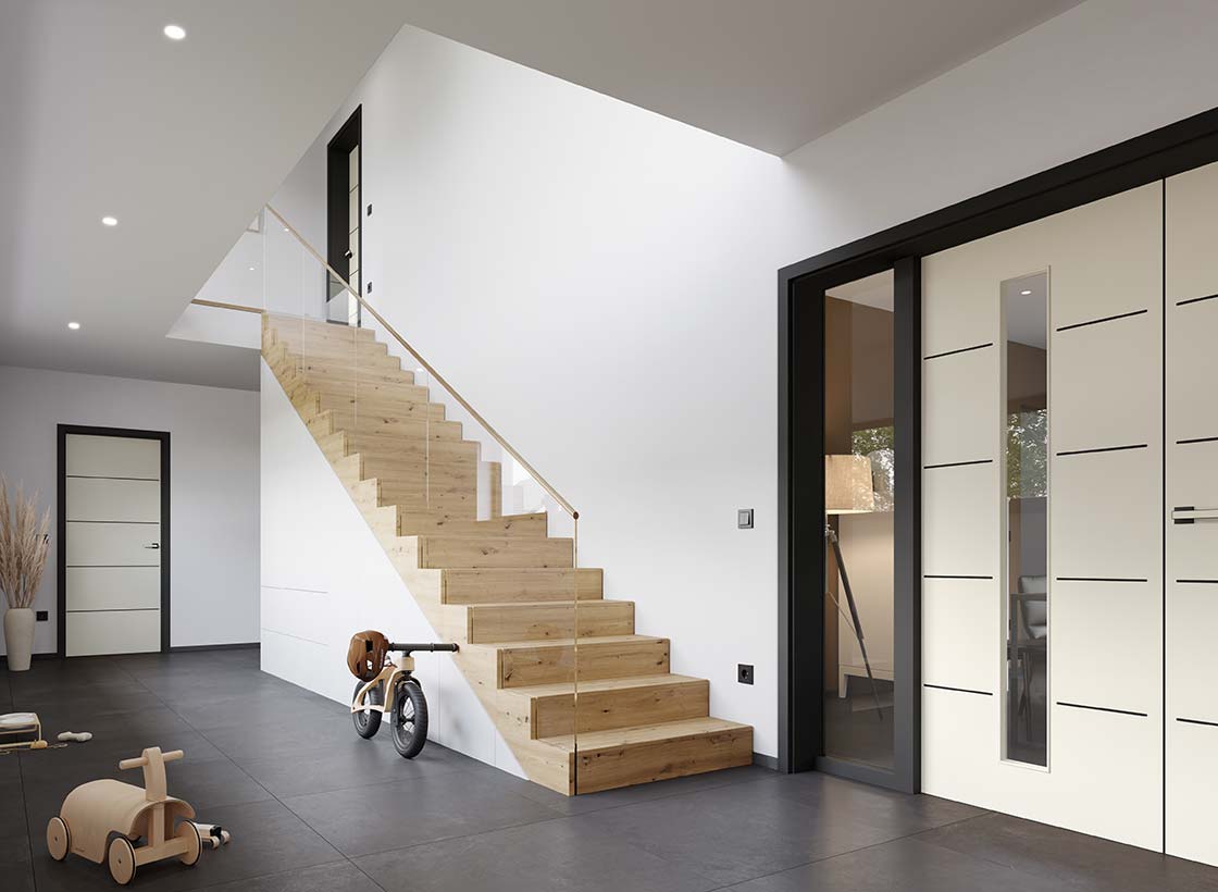 SÜHAC® ROYAL 551 | moderne zweiflügelige Tür mit Seitenteil mit schwarzen Lisenen und Lichtausschnitt in G-TEC® LiveSimple matt CN08 und Futter G-TEC® Schwarz matt 9005