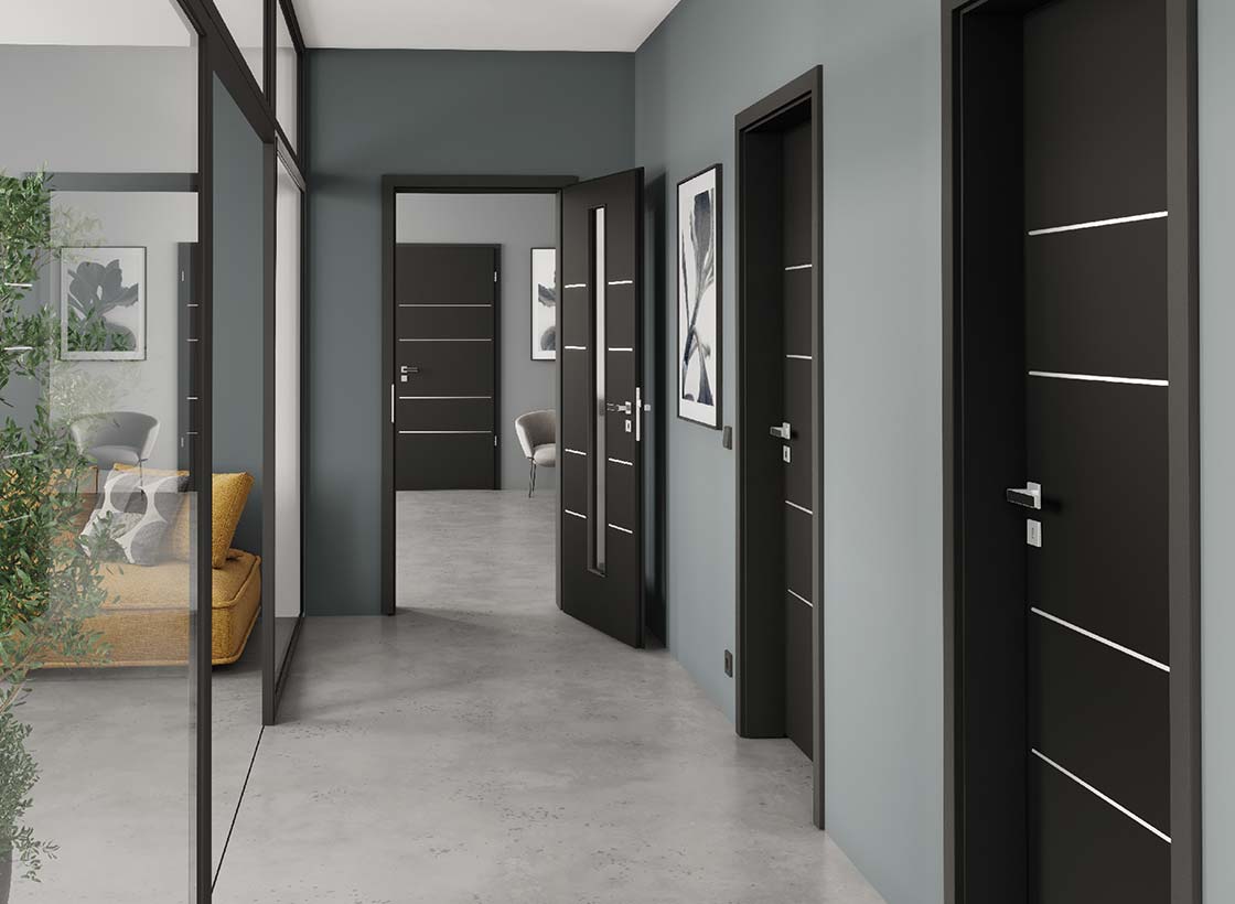 SÜHAC® ROYAL 553 | moderne Türen mit schwarzen Lisenen und Lichtausschnitt in G-TEC® Schwarz matt 9005